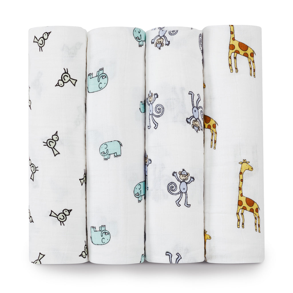A+A Cotton Muslin Swaddle 4pk - Jungle Jam