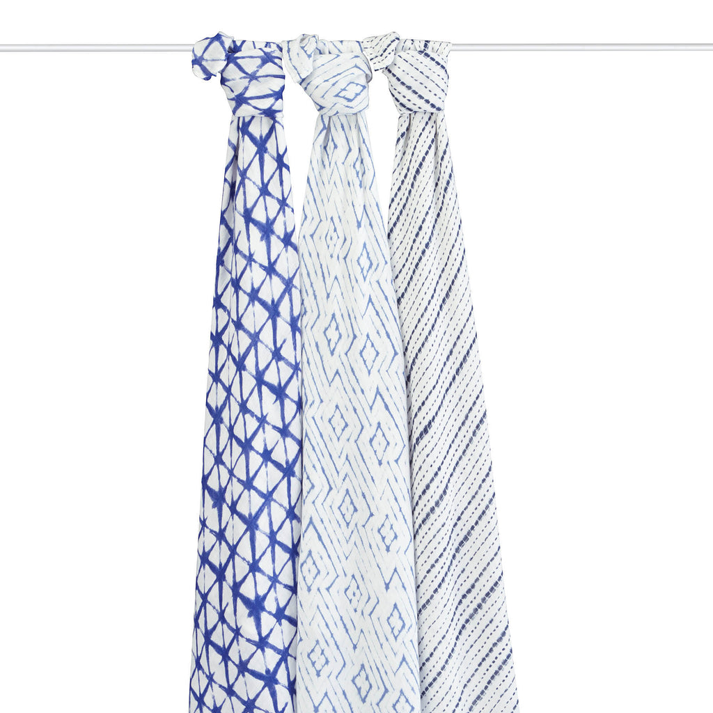A+A Silky Soft Muslin Swaddle 3pk - Indigo Shibori
