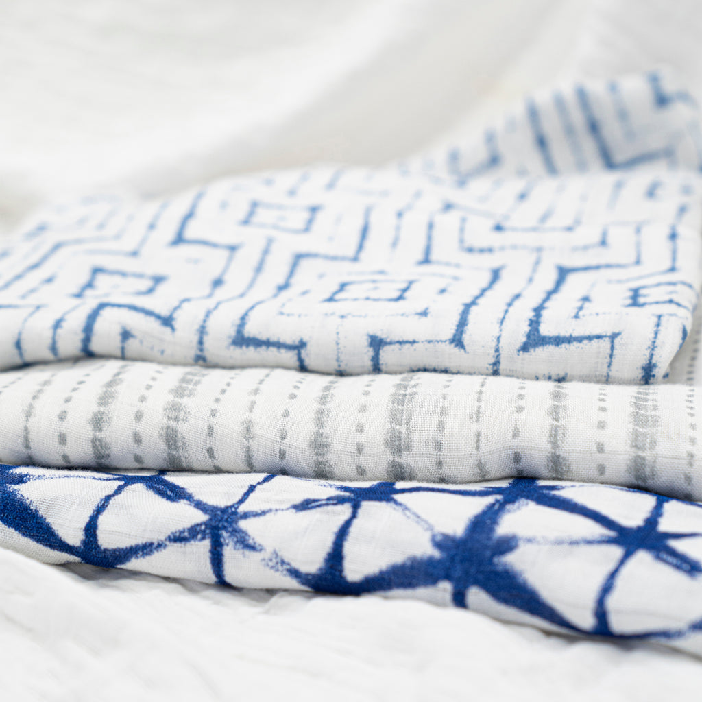 A+A Silky Soft Muslin Swaddle 3pk - Indigo Shibori