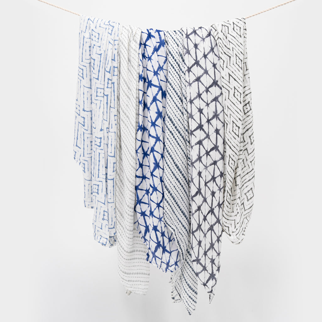 A+A Silky Soft Muslin Swaddle 3pk - Indigo Shibori
