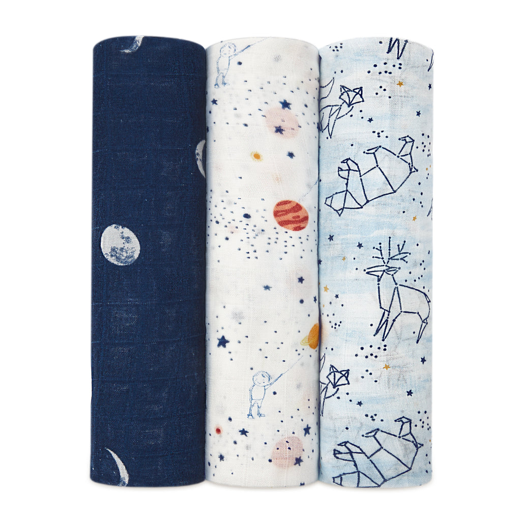 A+A Silky Soft Muslin Swaddle 3pk - Stargaze